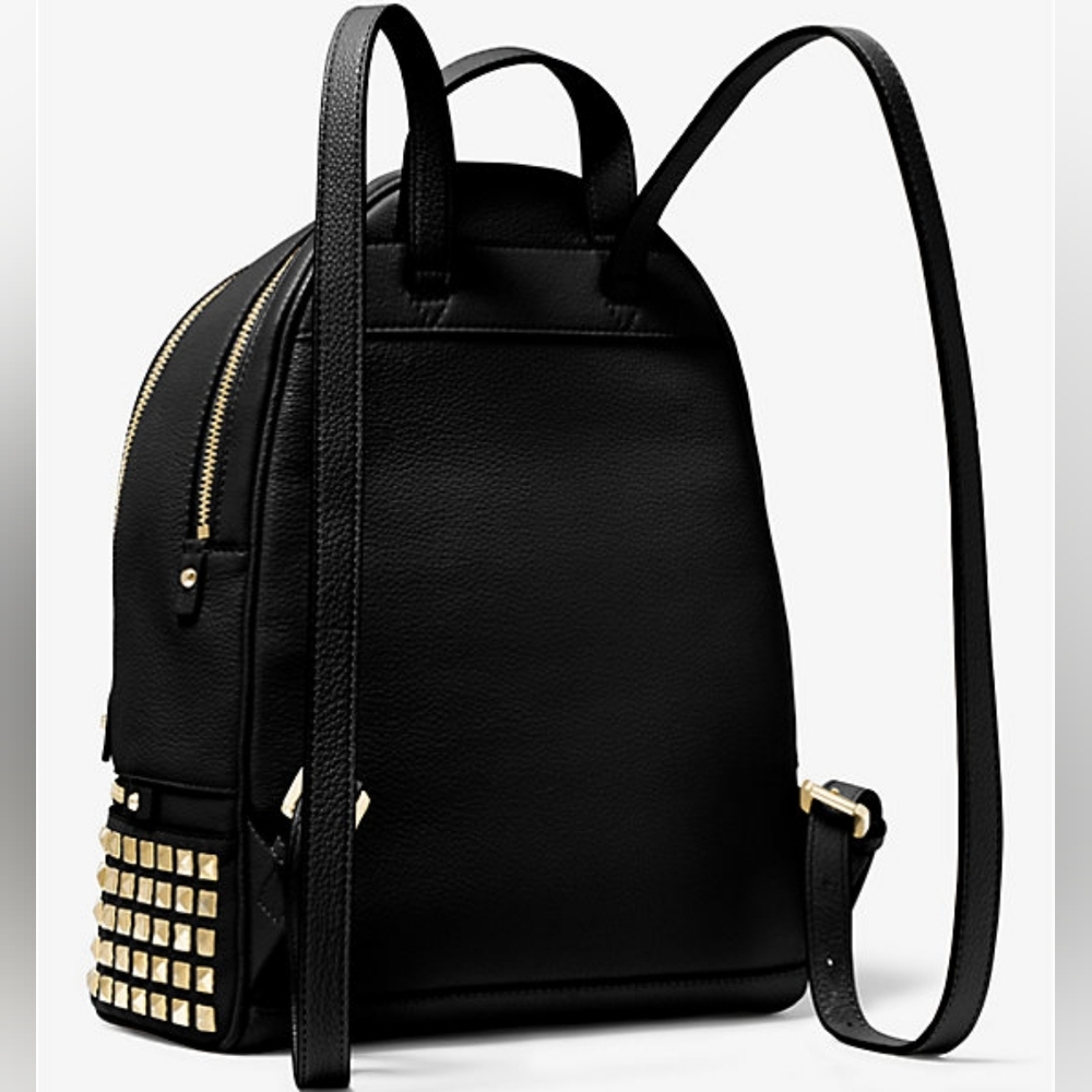MICHAEL KORS Rhea Medium Black Studded Pebbled Leather Gold Details Backpack - Picture 6 of 17
